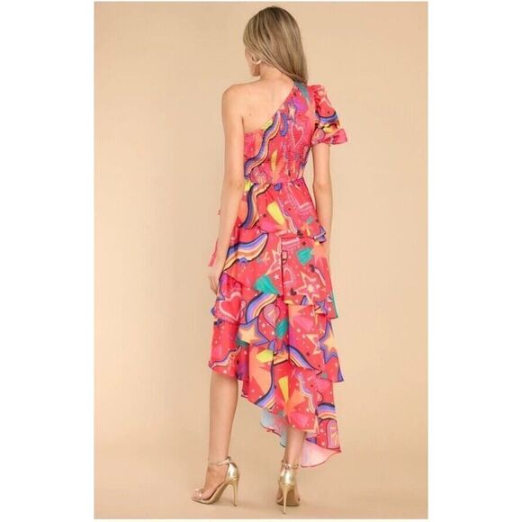 ALDEN ADAIR Stargazing Dress One Shoulder Red Print Asymetrical Satin NWT S - Picture 4 of 14